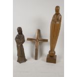 A brass figure of the Madonna and Child, 8" high, an orthodox bronze crucifix, 8" x 5" and a