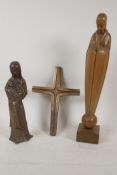 A brass figure of the Madonna and Child, 8" high, an orthodox bronze crucifix, 8" x 5" and a