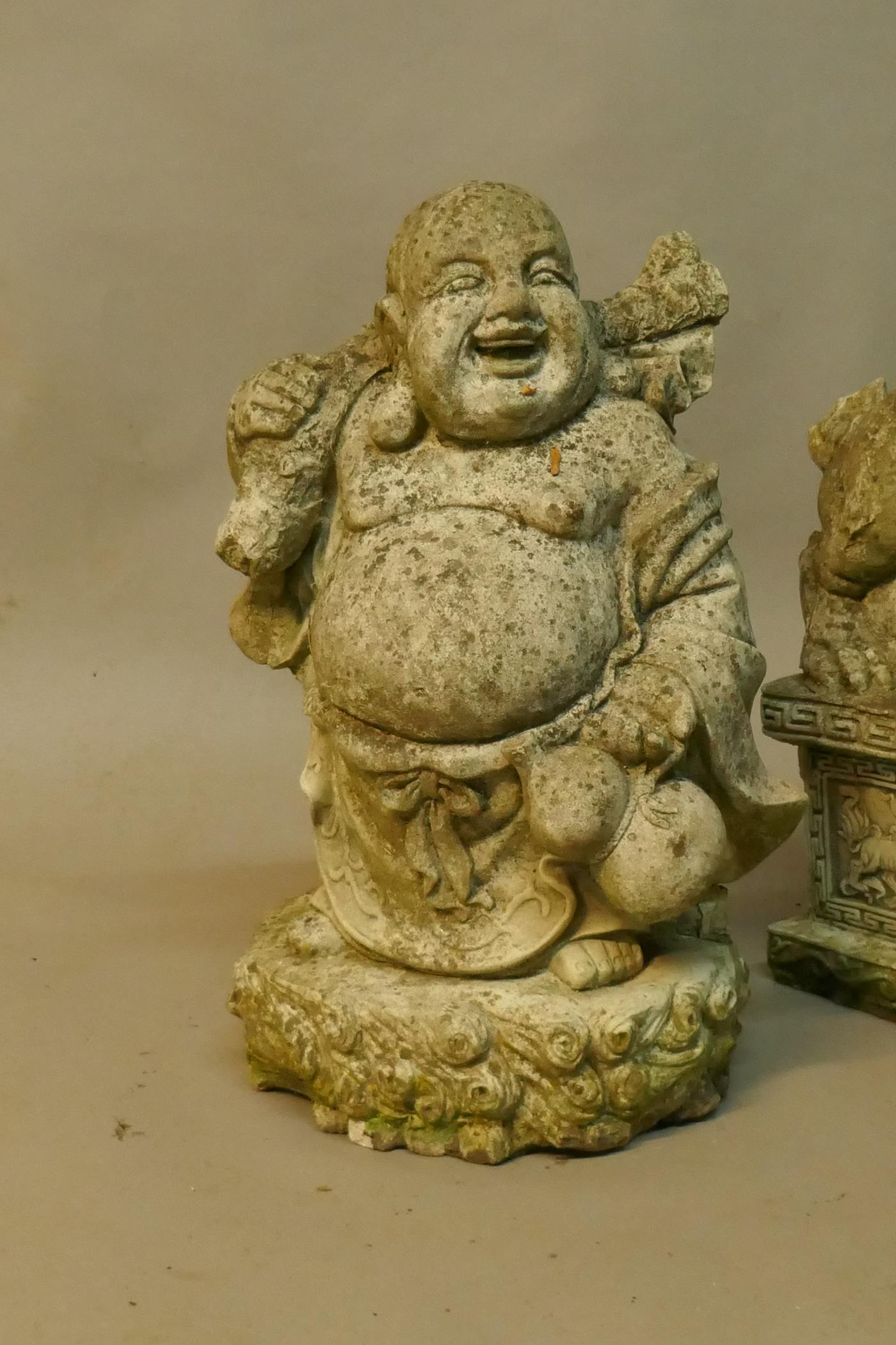 A concrete garden figure of a smiling Buddha and another of a temple dog, 20" high - Image 3 of 3