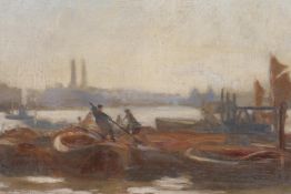 Boatmen and barges in the Thames Estuary, information relating to John Hodgson Lobley verso, oil