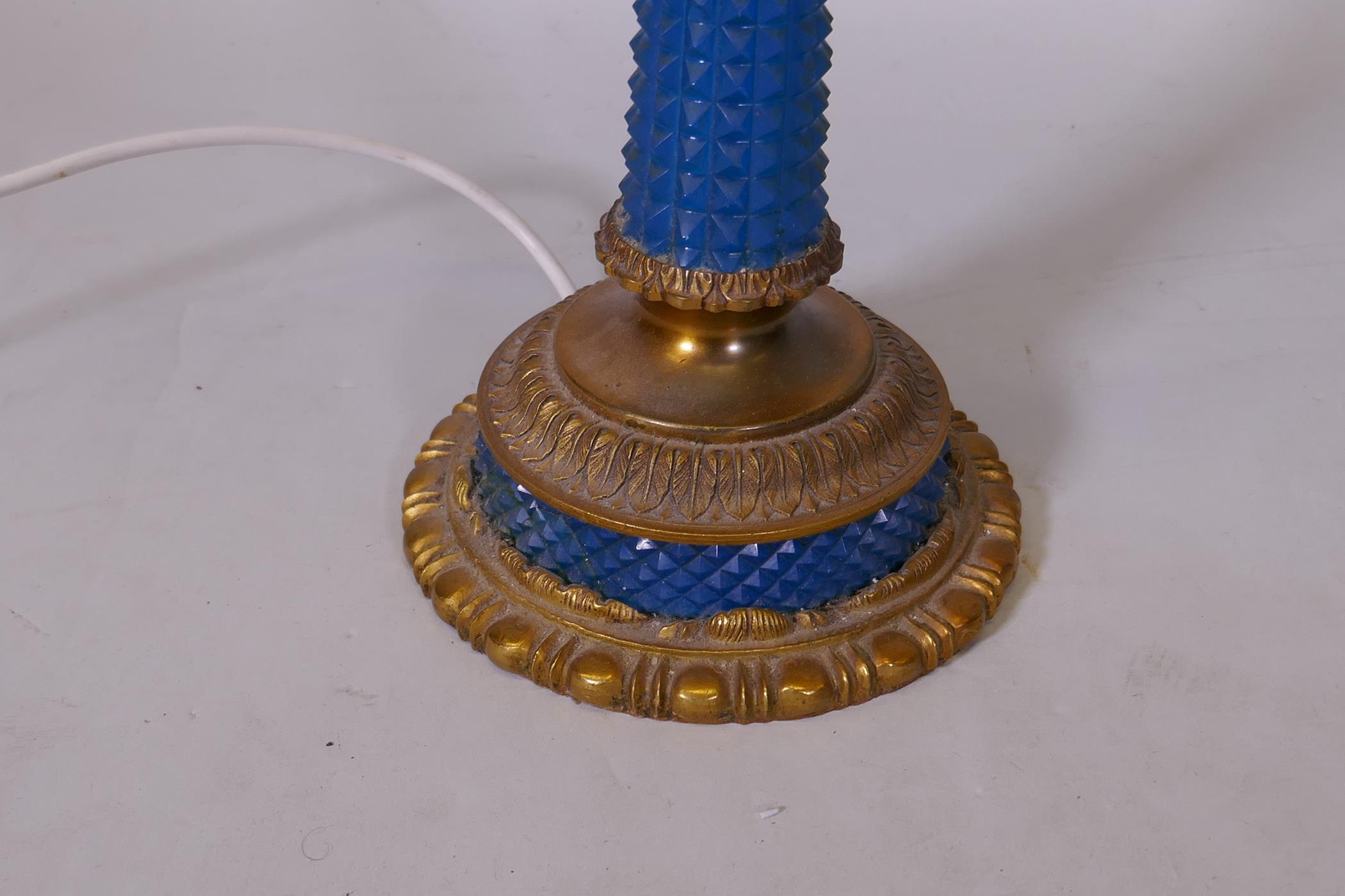 A pair of blue glass and brass mounted lustre table lamps, lacking a shade and seven drops, 26" high - Image 3 of 3