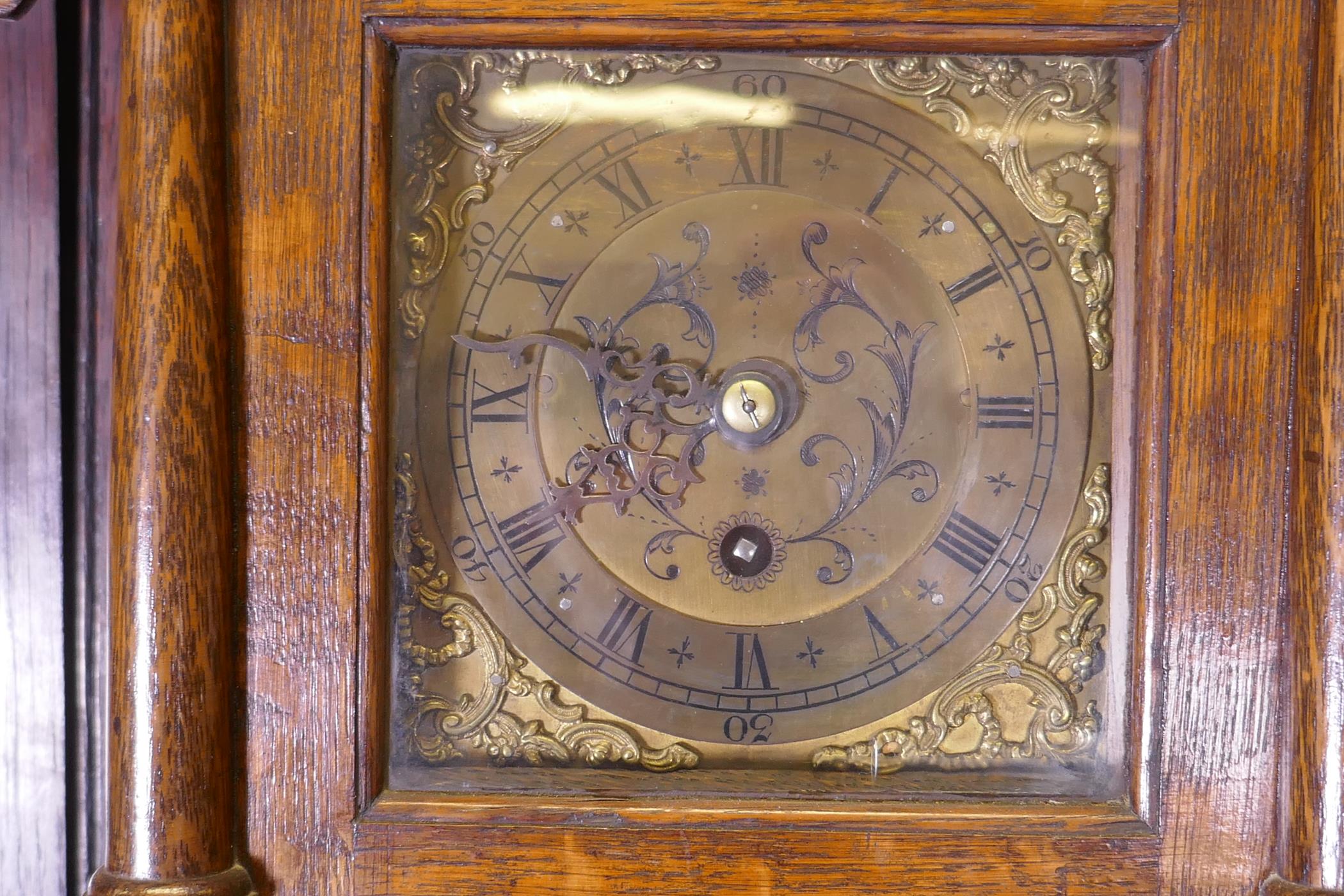 An early C20th oak Jacobean style dresser, the rack fitted with a fusee clock with brass dial, and - Image 2 of 9