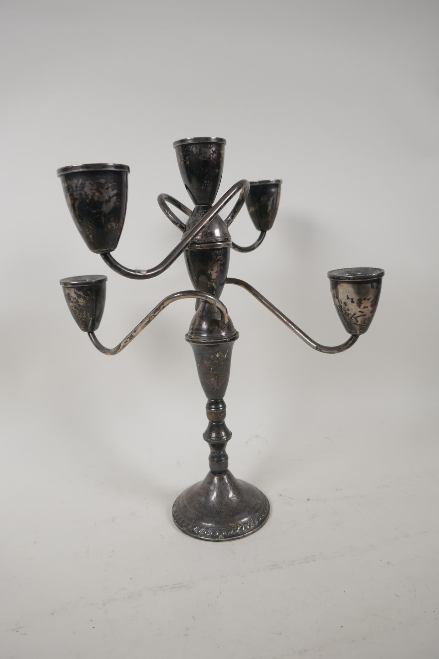 A three section five light table candelabra, marked 'Sterling Weighted', 13" high - Image 2 of 4