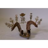 Antique Anglo Indian desk stand with inkwell and ram's horn decoration, with brass mounts, 9" high