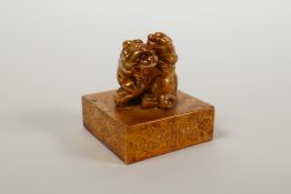 A Chinese gilt bronze seal with kylin knop, 1½" x 1½"