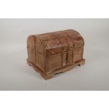A metal strapped fruit wood chest with a distressed paint finish, 11" x 9", 8" high