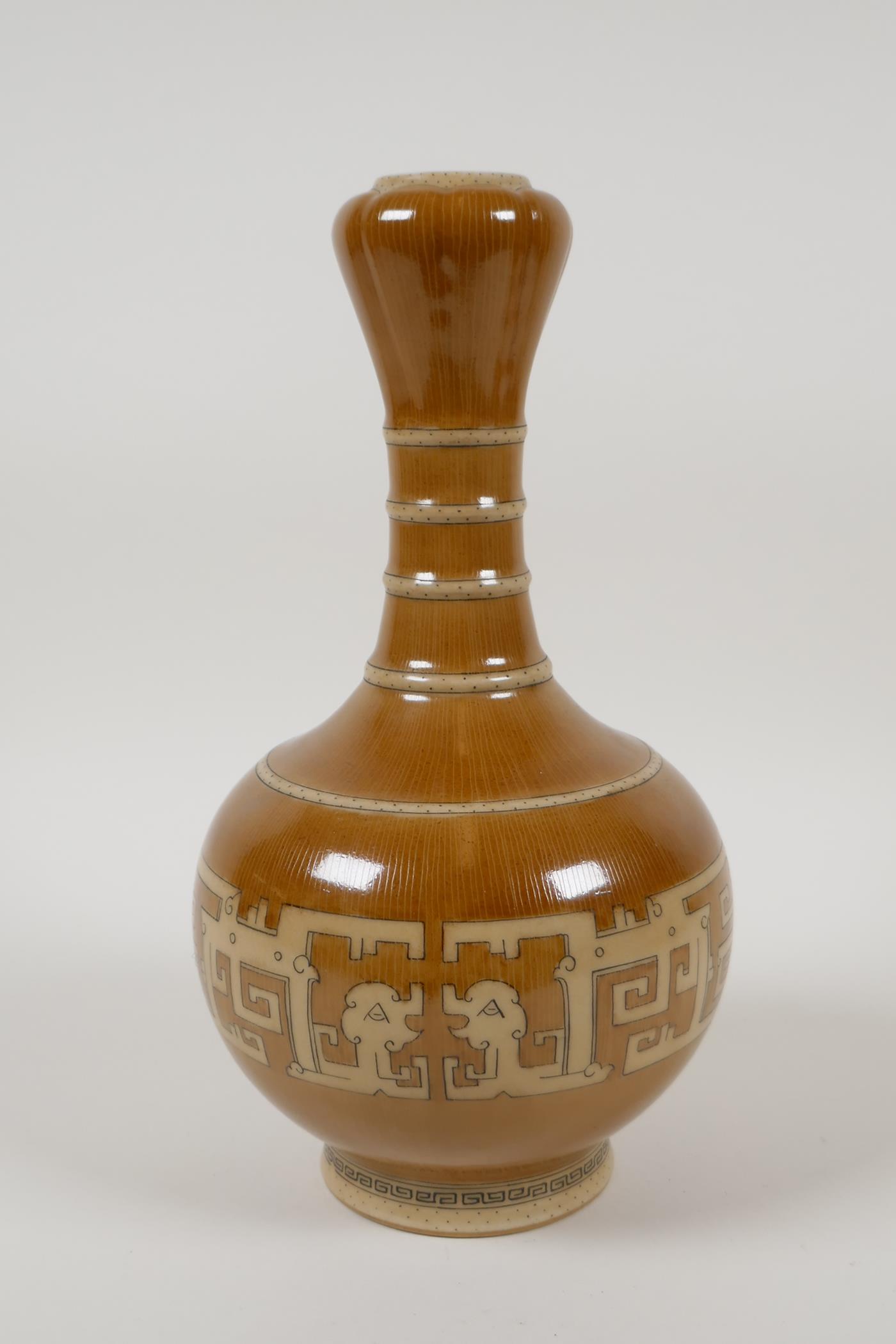 A Chinese garlic head shaped porcelain vase with a bamboo style glaze, and archaic decoration, - Image 3 of 4