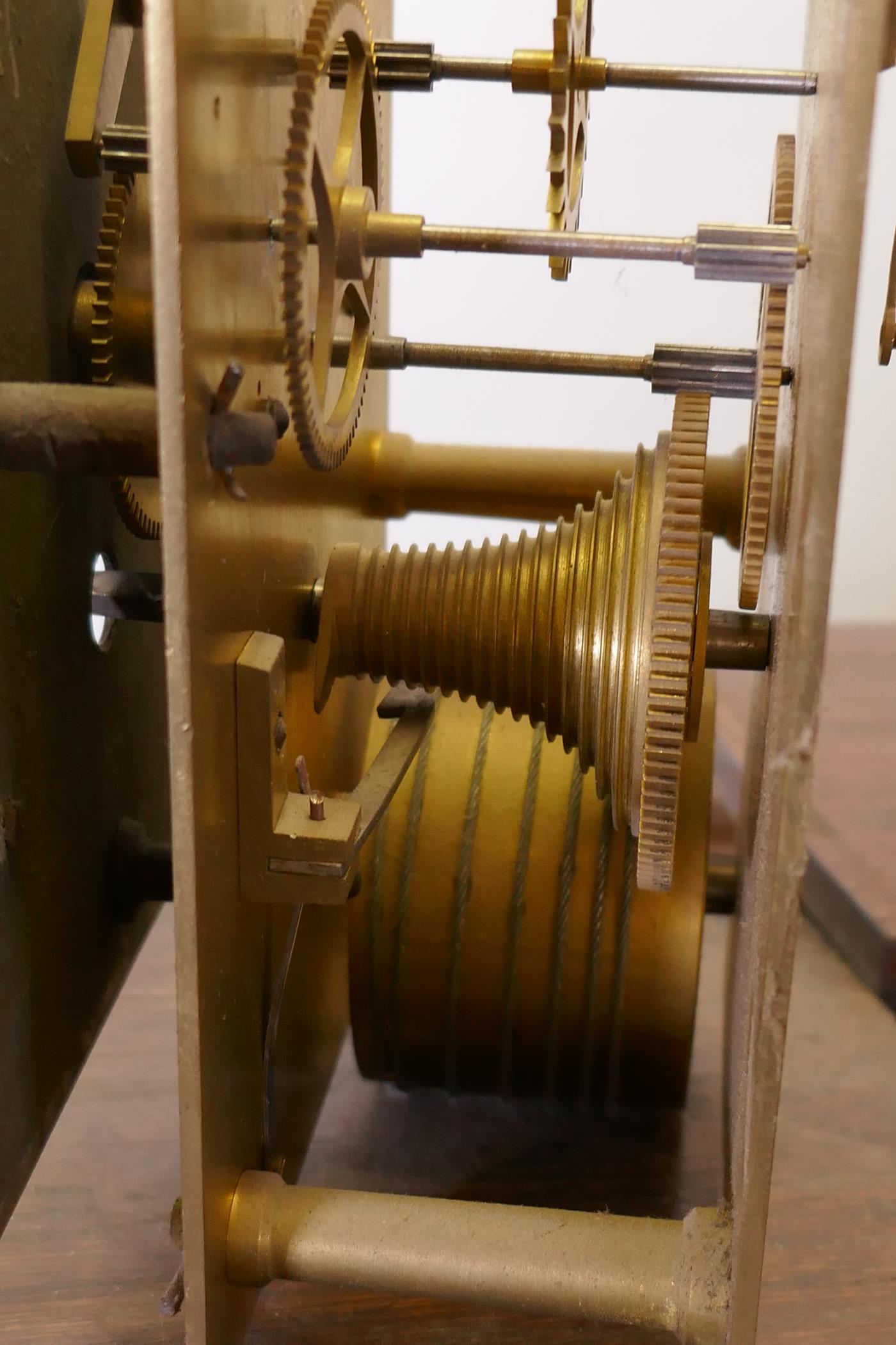 An early C20th oak Jacobean style dresser, the rack fitted with a fusee clock with brass dial, and - Image 6 of 9