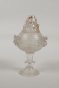 A Chinese moulded glass censer and cover with two kylin handles, raised on a central stem base, 6"