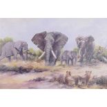 D. Oakes, African landscape with elephants, signed, oil on canvas board, 30" x 20"