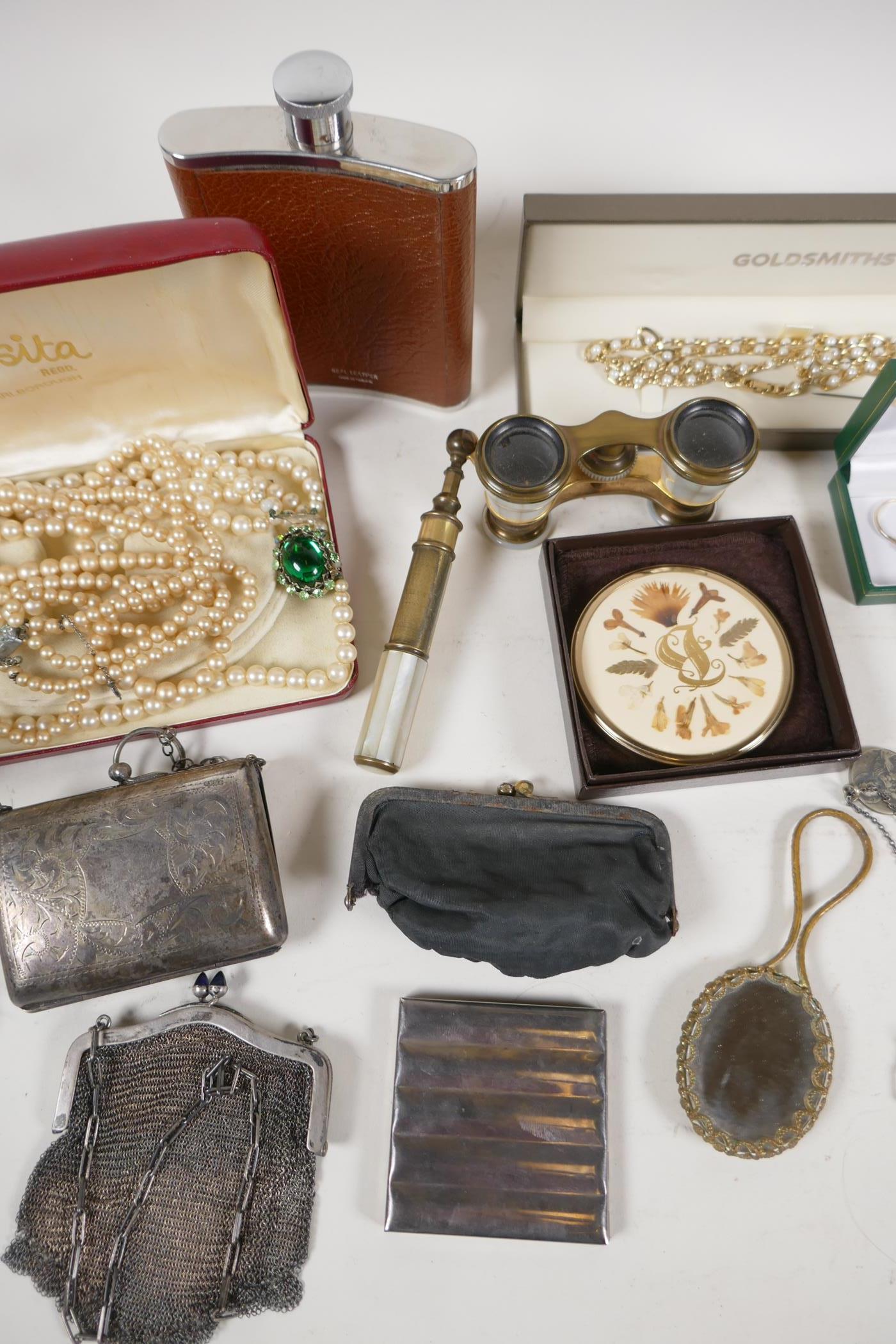 Four faux pearl necklaces, diamante watches and costume jewellery, a silver mounted chain purse, - Image 6 of 7