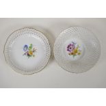 Two KPM porcelain basket weave bowls with floral spray decoration and gilt rims, marks to base,