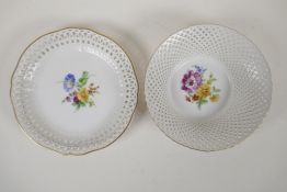 Two KPM porcelain basket weave bowls with floral spray decoration and gilt rims, marks to base,