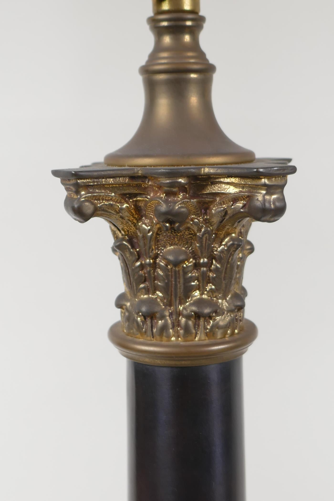 A pair of ebonised metal and ormolu Corinthian column table lamps, 22" high - Image 3 of 3