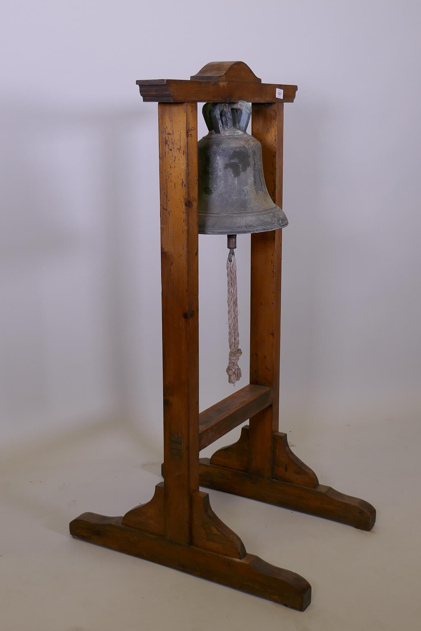Antique bronze bell, mounted in a pine frame, 45" x 26" x 25" - Image 4 of 4