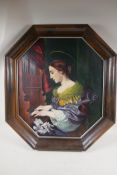 St Cecilia playing the organ, in octagonal hardwood frame, oil on canvas, 21" x 25"