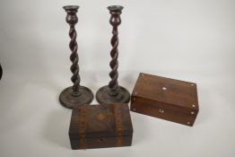 A pair of barley twist oak candlesticks, 15" high, and two C19th trinket boxes for restoration