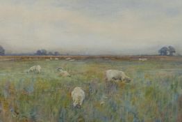 Sheep grazing in a meadow, monogrammed M.A.B. (Mildred A. Butler?) watercolour, 9" x 13½"