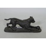 A patinated brass cast figure of a dog with a ball, after P.J. Mene, 10" long