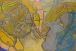 A modernist mixed media painting of two heads, signed, 33" x 23"