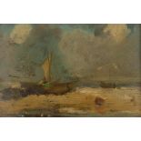 Coastal scene with beached fishing boat, C19th, frame inscribed verso Richard Parkes Bonington,