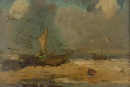 Coastal scene with beached fishing boat, C19th, frame inscribed verso Richard Parkes Bonington,