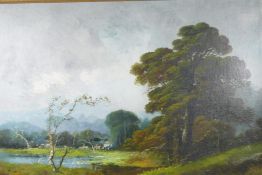 A rural landscape with stream and remote farm buildings, in a good gilt frame, oil on board, 29" x