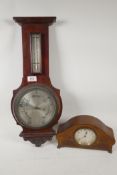 A C19th mahogany cased wall mounted barometer and thermometer, 22" long, together with an