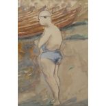 George Poole, The Bather, signed, watercolour, and a mixed media drawing of an interior scene,
