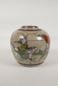 A Chinese crackleware jar with polychrome enamelled decoration of warriors, carved 4 character