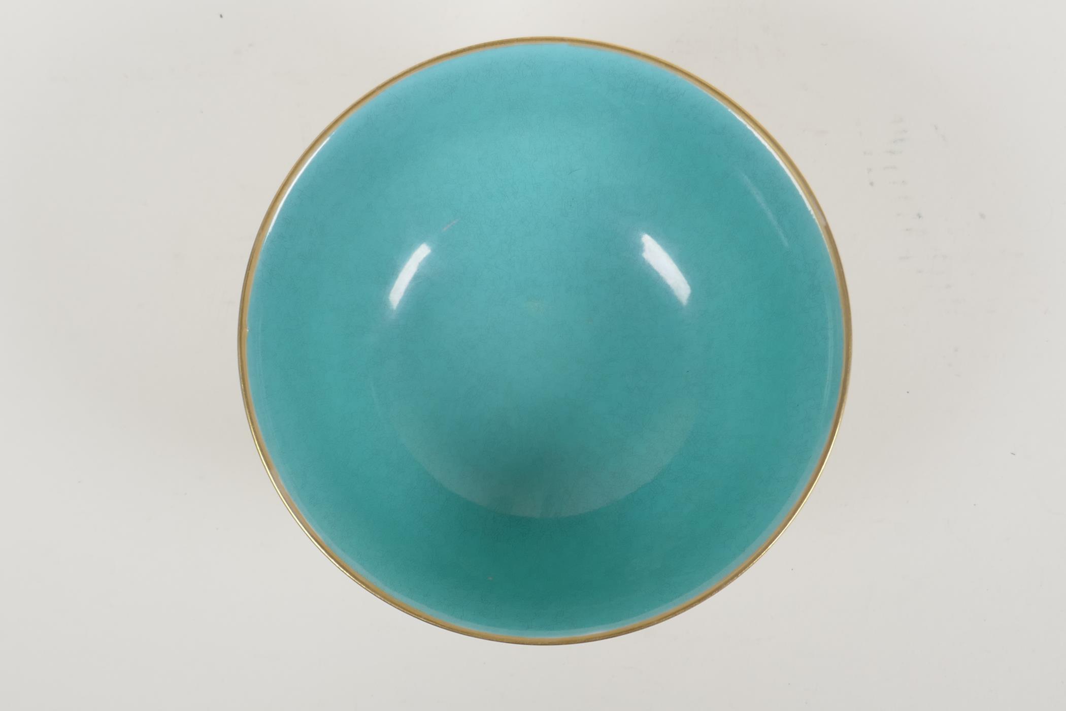 A Chinese yellow and turquoise ground porcelain rice bowl with famille rose enamelled peach tree - Image 4 of 6