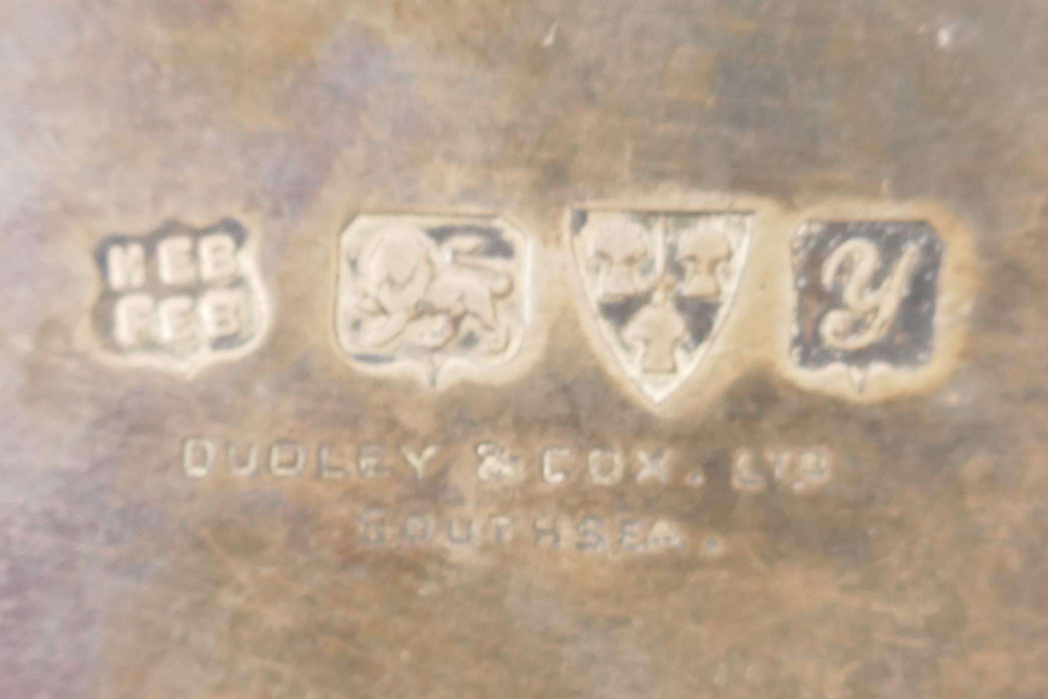 A hallmarked silver card tray with gadrooned rim, on four hoof feet, and two pairs of silver - Image 4 of 4
