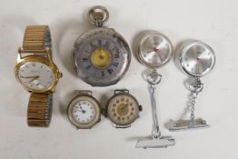 A continental silver pocket watch, an antique silver watch, a gentleman's vintage wristwatch etc