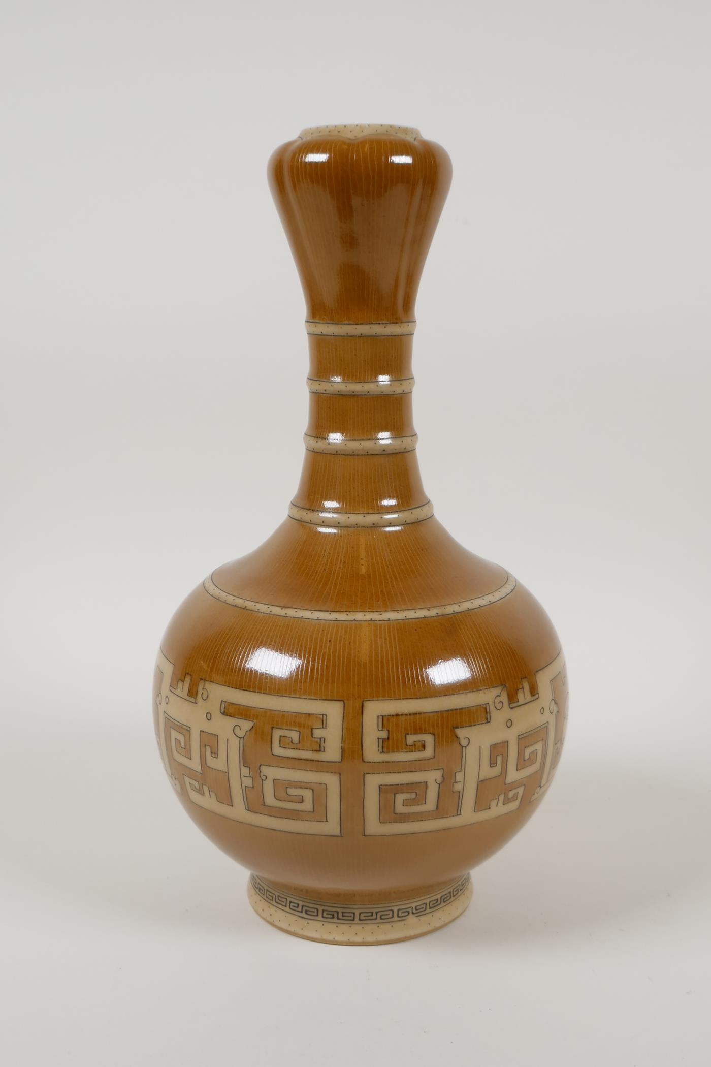 A Chinese garlic head shaped porcelain vase with a bamboo style glaze, and archaic decoration, - Image 2 of 4