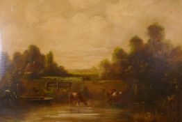 Landscape with cattle watering, signed W. Natt?, late C19th, oil on board, 24" x 19"