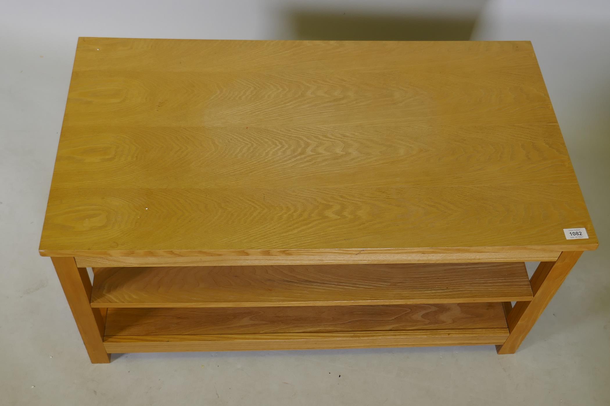 A contemporary light oak three tier coffee table with slatted ends, 20" x 36" x 18" - Image 2 of 2