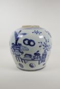 A Chinese blue and white porcelain ginger/storage jar decorated with objects of virtue, lacks cover,