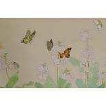 Butterflies and blossom, gouache on paper, signed with a seal mark, Japanese C20th, 27" x 18" and