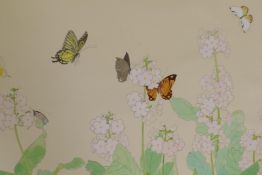 Butterflies and blossom, gouache on paper, signed with a seal mark, Japanese C20th, 27" x 18" and