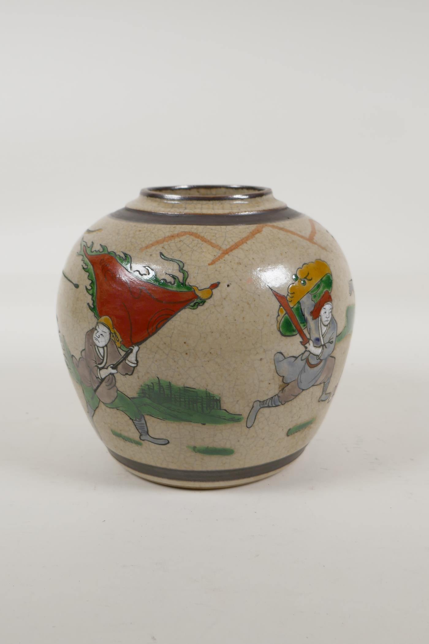 A Chinese crackleware jar with polychrome enamelled decoration of warriors, carved 4 character - Image 2 of 5