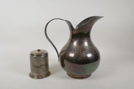 A continental white metal water jug, stamped 800, 570g, and a hallmarked silver and bakelite tobacco