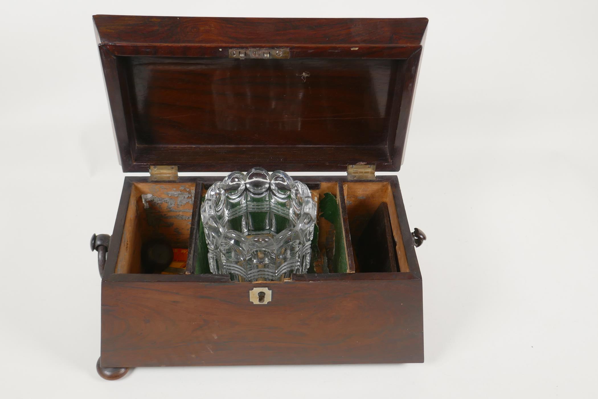 A C19th rosewood sarcophagus shaped tea caddy, for restoration, 11" long - Image 3 of 4