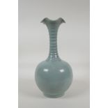 A Chinese Song style Ru ware glaze porcelain vase with ribbed neck and flared rim, marks to base,