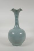 A Chinese Song style Ru ware glaze porcelain vase with ribbed neck and flared rim, marks to base,