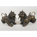 A pair of Tibetan bronze figures of lion dogs, 12" long