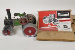 A Mamod S.R.1 live model steam roller, missing fire box, comes with remains of original box, 9" long