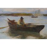 J.H. Quarmby (?), 1909, fishermen on the water, unframed, oil on canvas, 24" x 16"