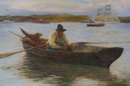J.H. Quarmby (?), 1909, fishermen on the water, unframed, oil on canvas, 24" x 16"