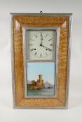 A C19th American birds eye maple wall clock with a hand painted glass panel depicting an Italian