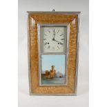 A C19th American birds eye maple wall clock with a hand painted glass panel depicting an Italian